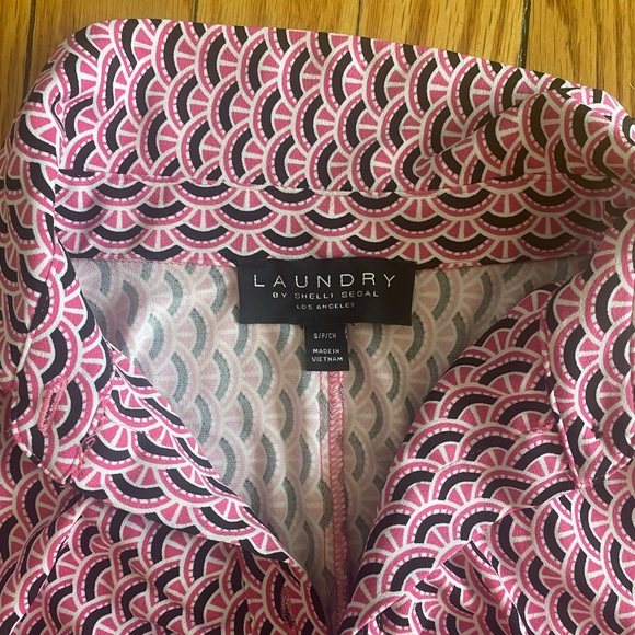 Pink Geometric Print Tie Waist 3/4 Sleeve Button-Down Laundry Brand Dress - Picture 2 of 3